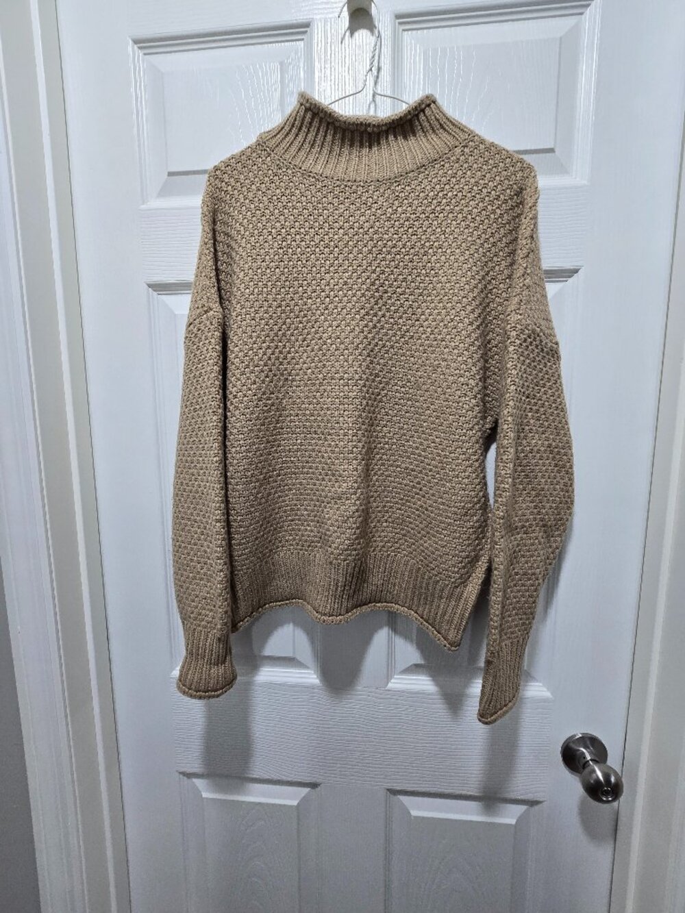 Sweater Rolled Mock Neck Womens Medium Tan LS Cozy Comfy Boxy